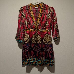 Cabi Red Gold Black Boho Geometric V-Neck Empire Waist Tunic Top Size‎ M